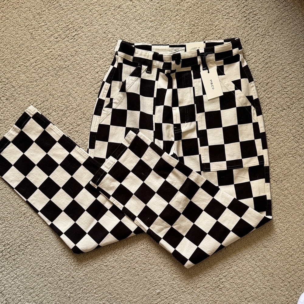Checkered Black and White Straight Leg Pants